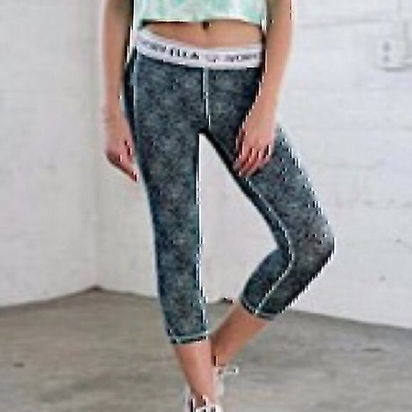IVORY ELLA Blue Rose Floral Spellout Waistband Cropped or Capri Active Leggings - Picture 2 of 10